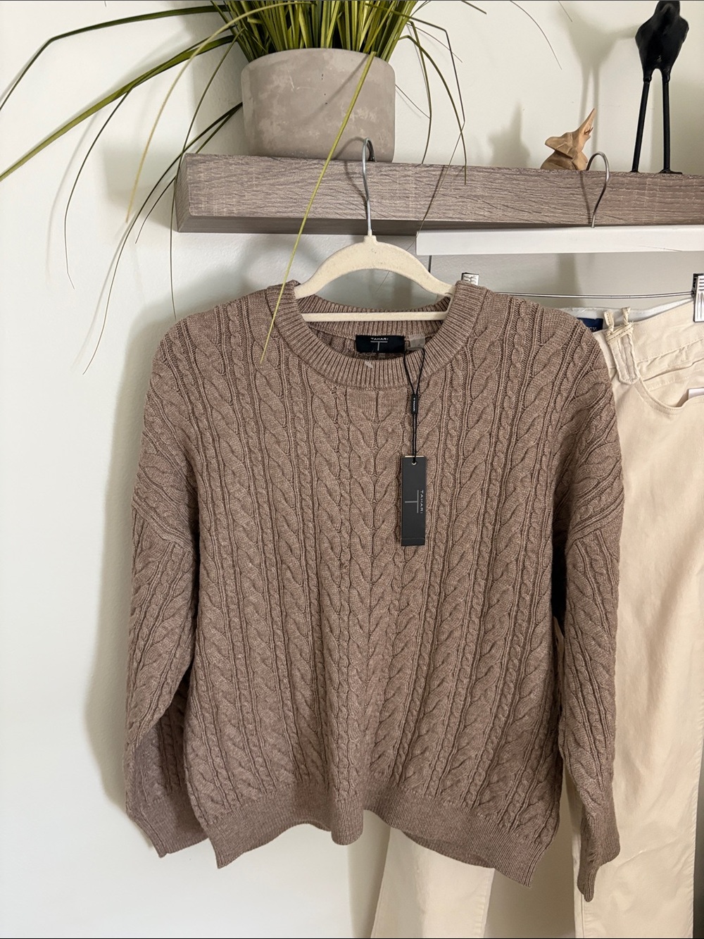 Tahari Taupe Cable Knit Crewneck Sweater viscose